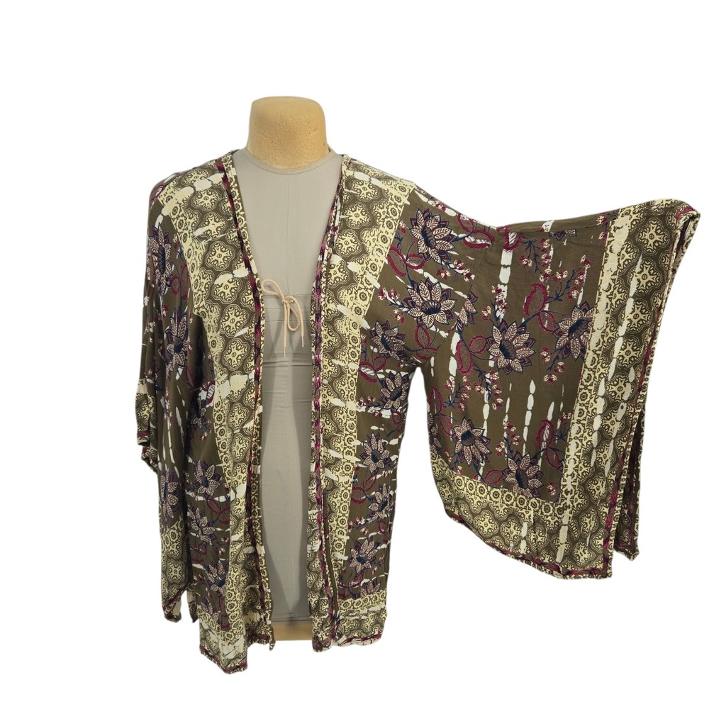 Angie Kimono Cardigan Women M Olive Floral Boho Open Front Lightweight Rayon